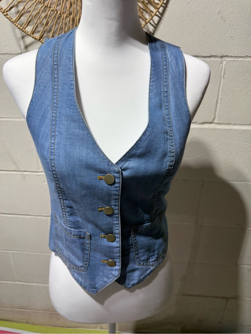 Sigrid Olsen Light Blue Denim Vest with Gold Buttons